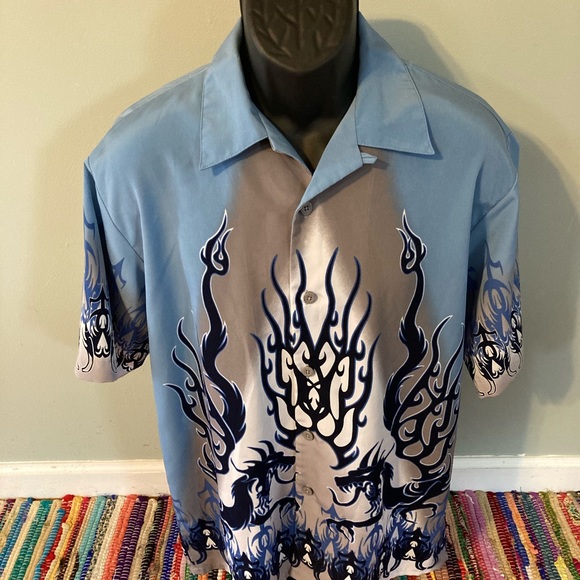 Vintage Other - 90s Dragon Fire Flames Geometric Button Shirt Polyester Medium